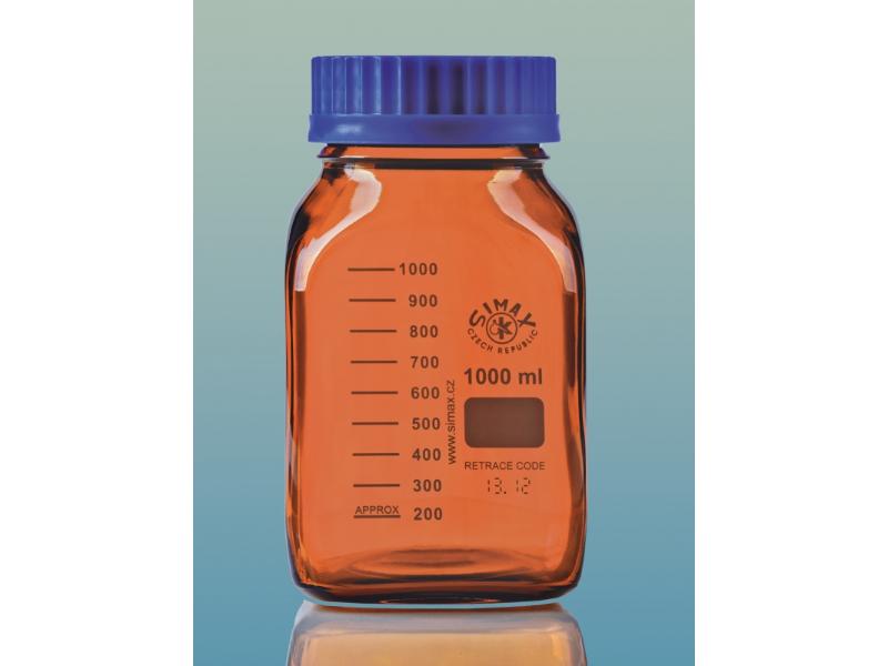 Reagenčná fľaša GL80 5000 ml, hnedá hranatá, modrý uzáver, 2080/M/H