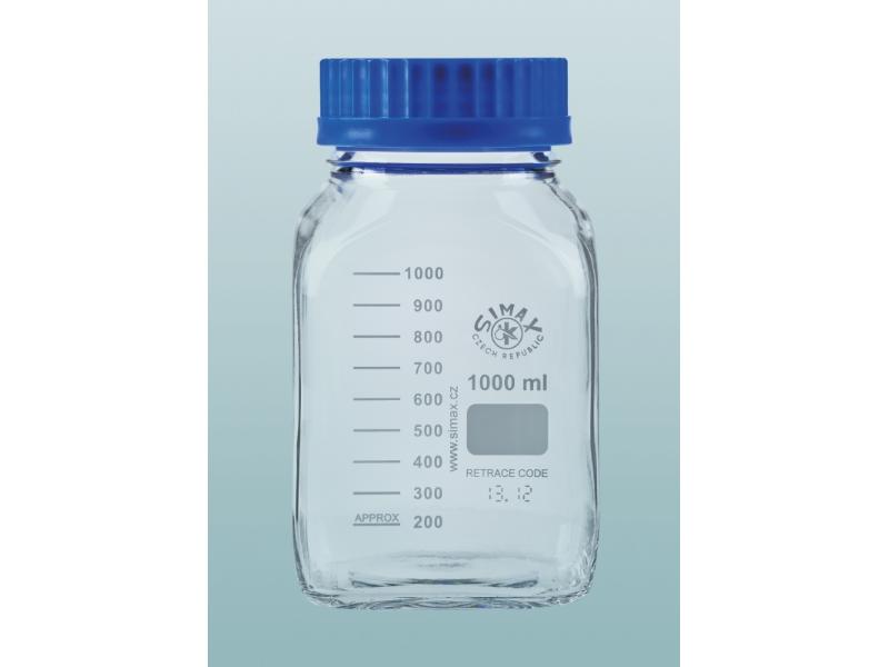 Reagenčná fľaša GL80 1000 ml, číra hranatá, modrý uzáver, 2080/M