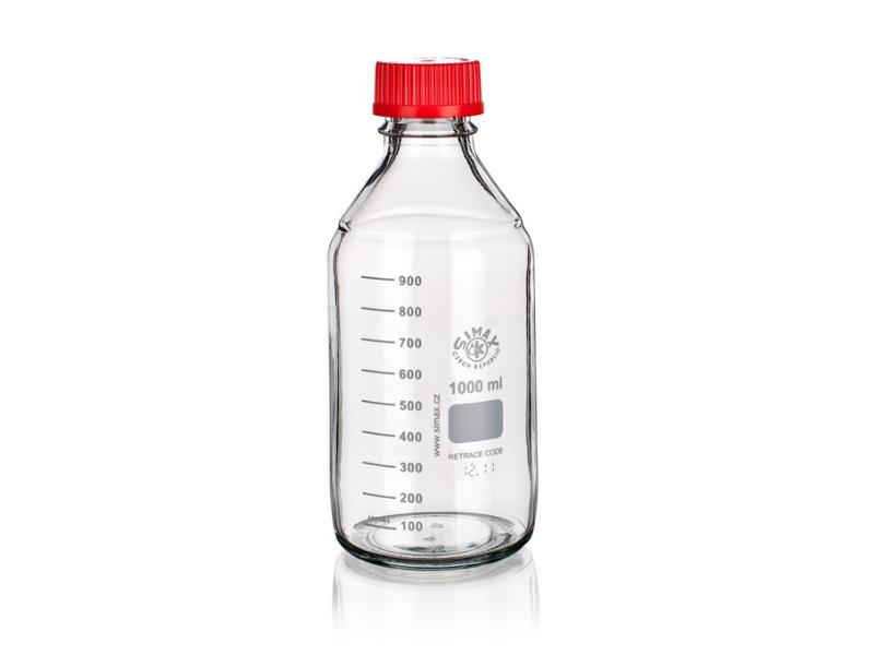 Reagenčná fľaša GL45 250 ml guľatá, červený uzáver, Retrace Code, 2070/R